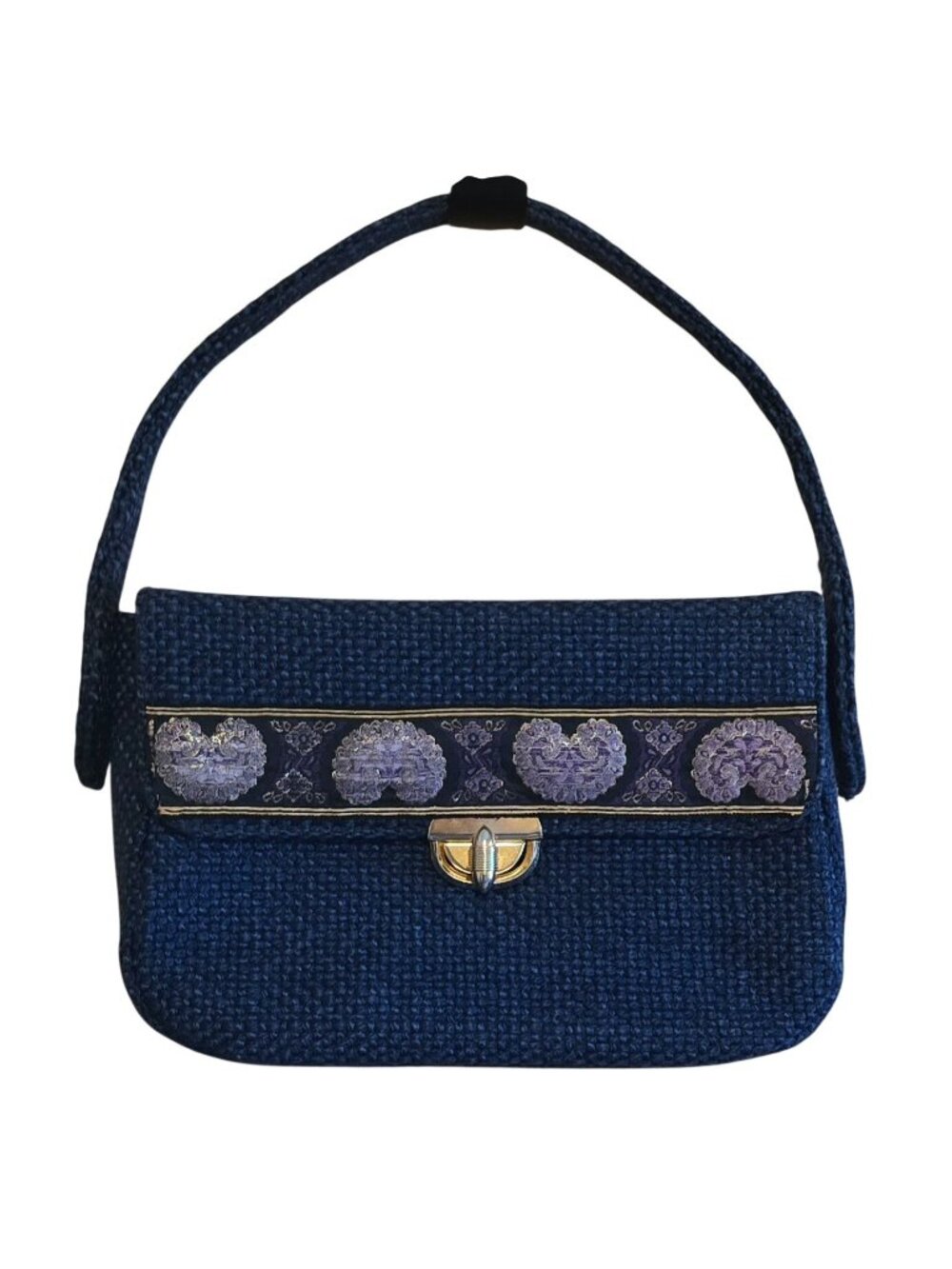 Handmade Navy Textured Purse With Ornate Embroidery & Clasp grannycore boho